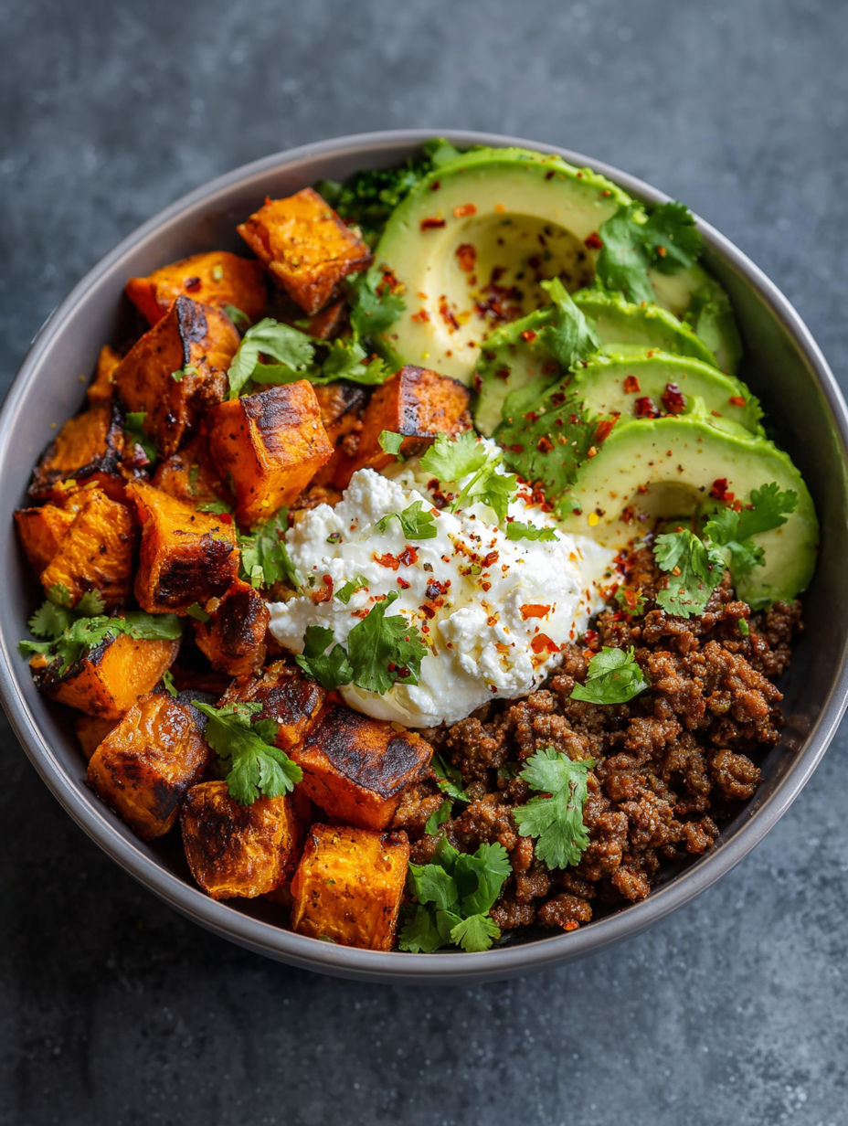 A bowl of food with sweet potatoes and avocado.
