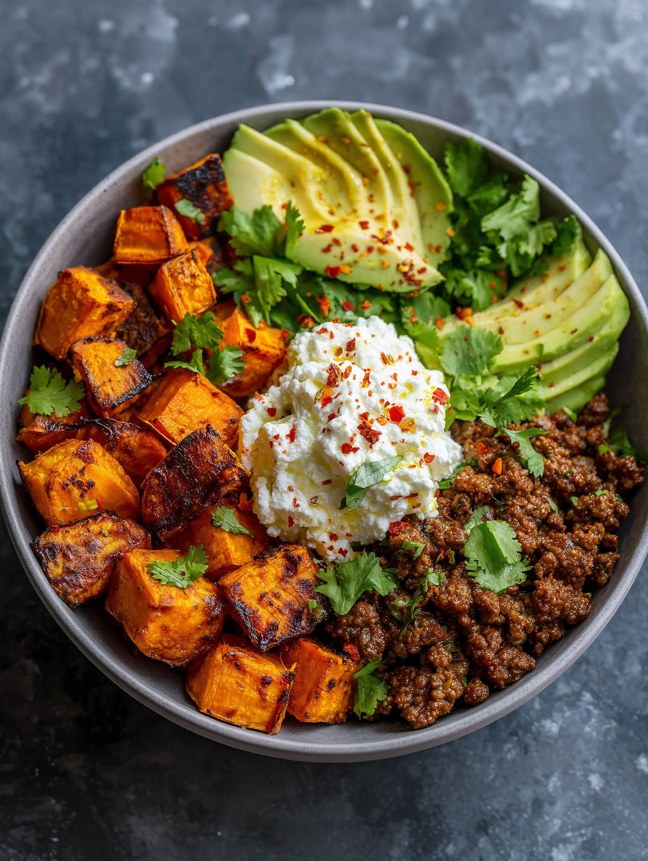 A bowl of food with sweet potatoes, avocado, and sour cream.