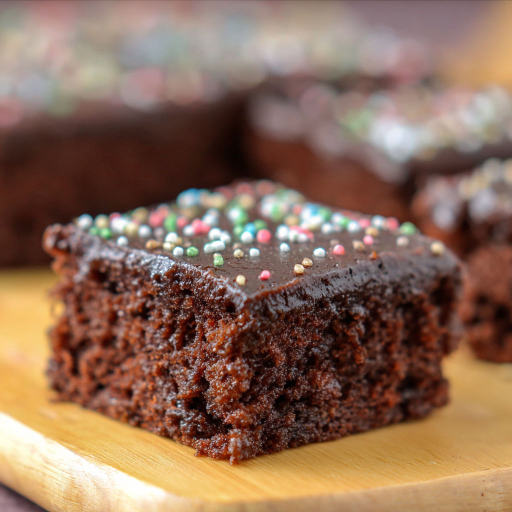 A piece of chocolate cake with sprinkles on a wooden board.