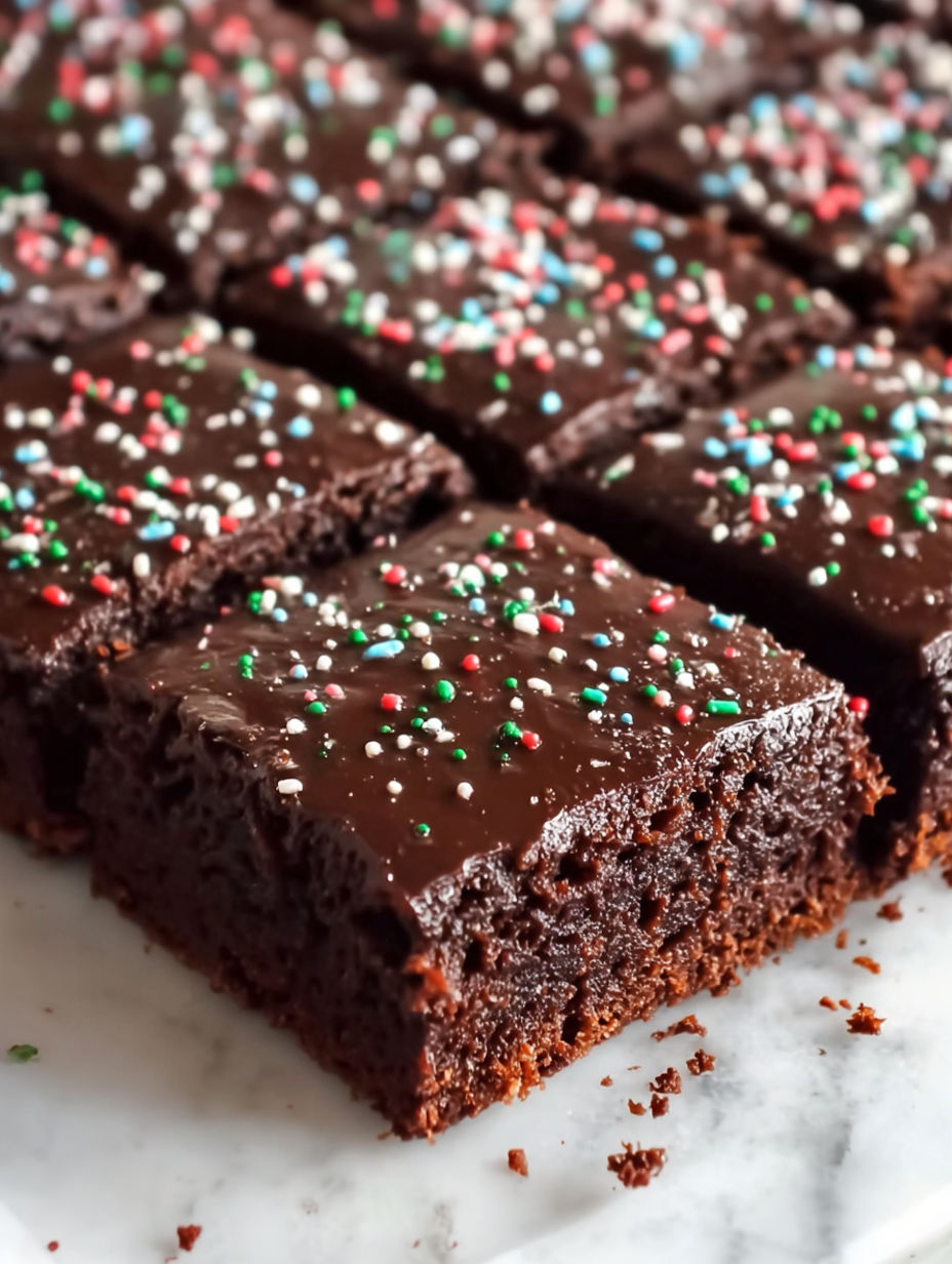 A close up of a chocolate cake with sprinkles.
