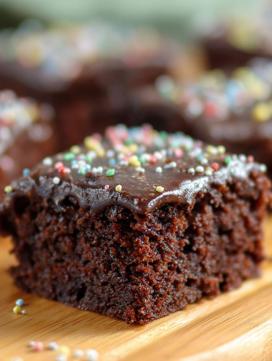 A close up of a chocolate cake with sprinkles.