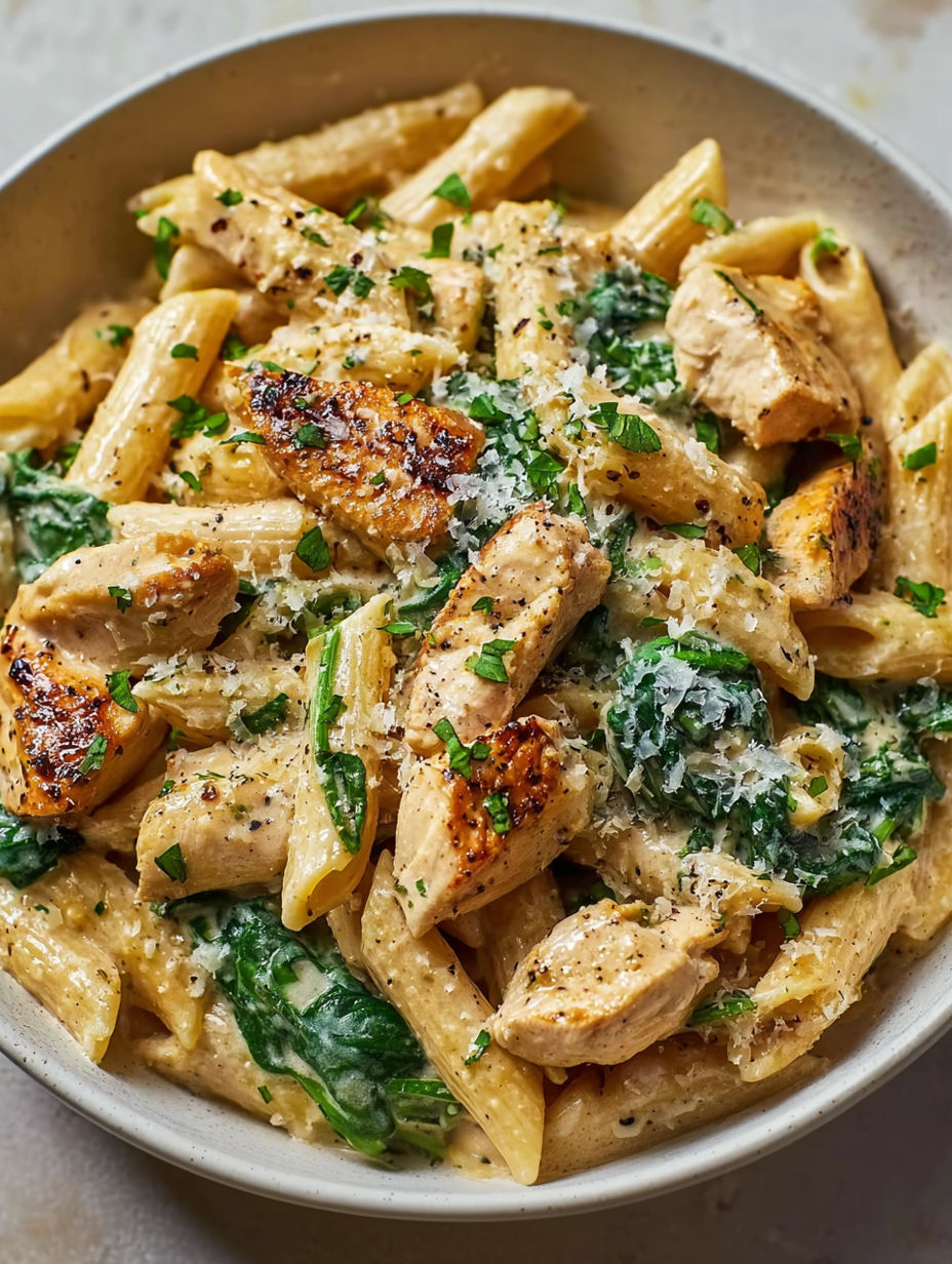 A bowl of chicken and pasta with garlic and Parmesan cheese.