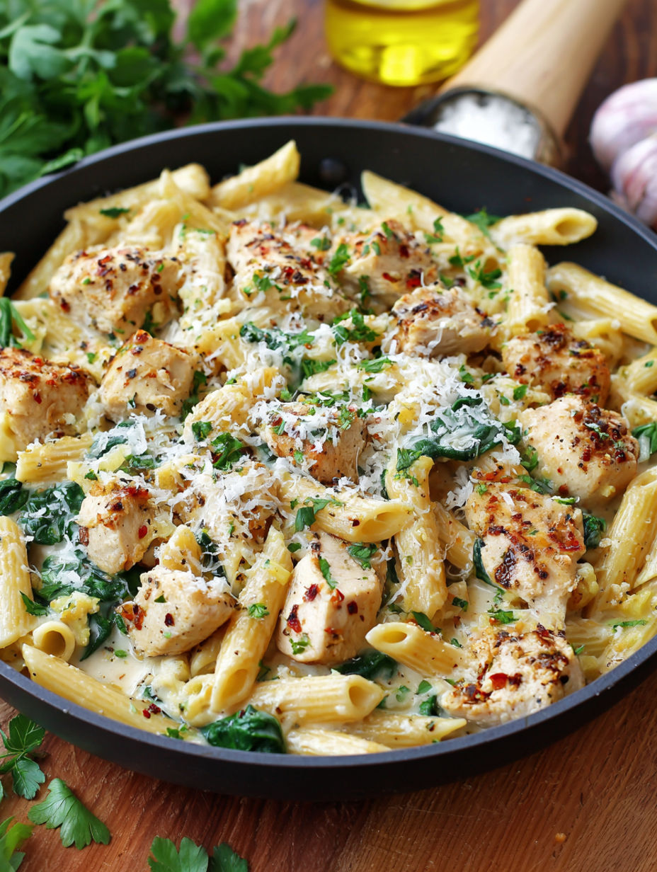A delicious meal of chicken and pasta with garlic and Parmesan cheese.