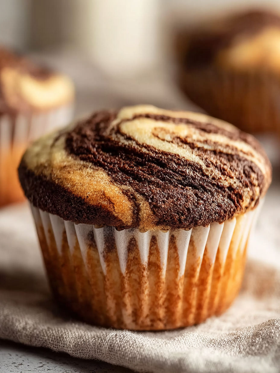 A chocolate and white striped cupcake.