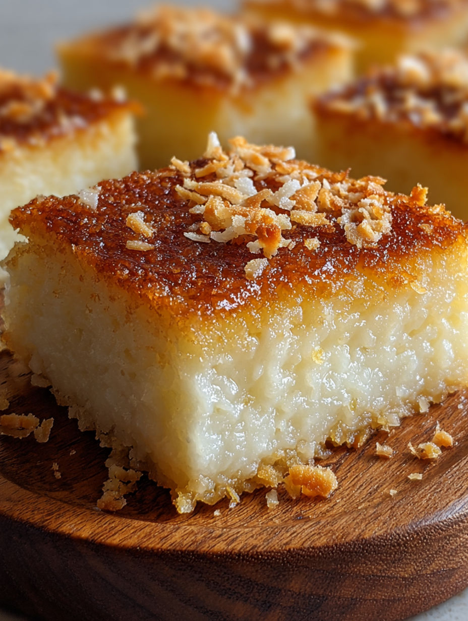 A slice of coconut mochi cake.