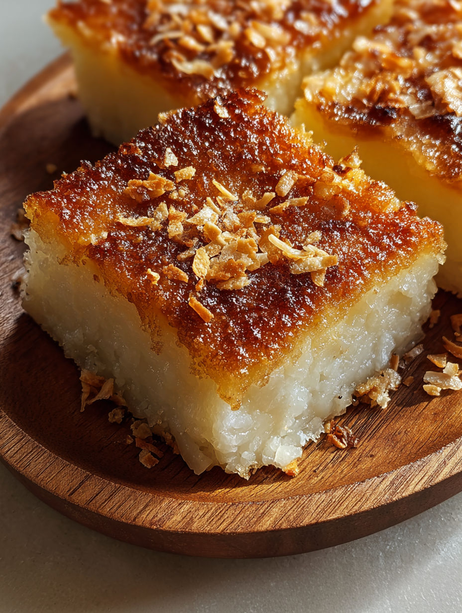 A slice of coconut mochi cake.