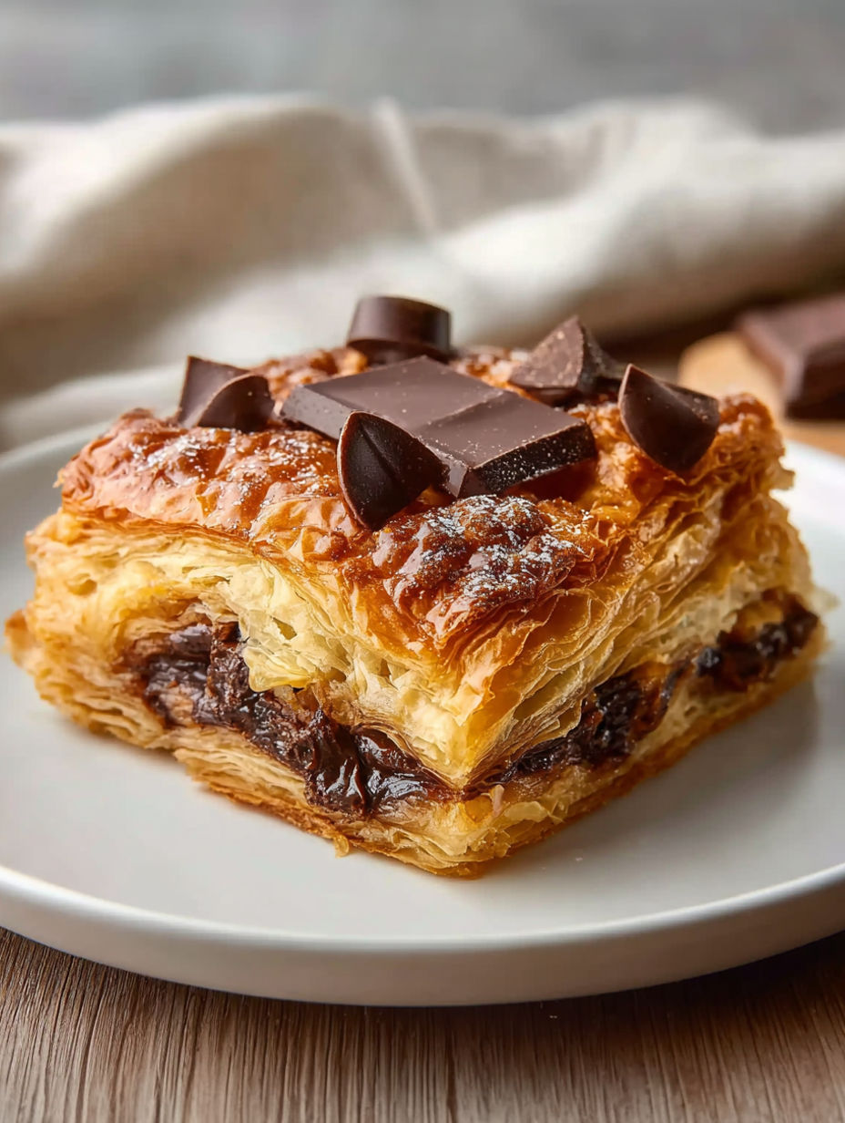 A croissant with chocolate on top.