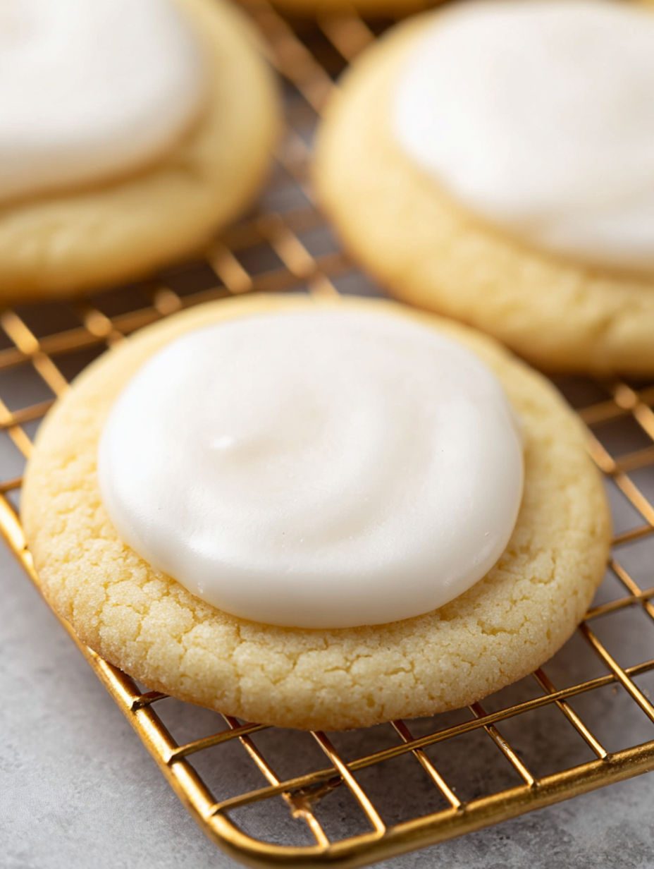A cookie with white frosting on it.