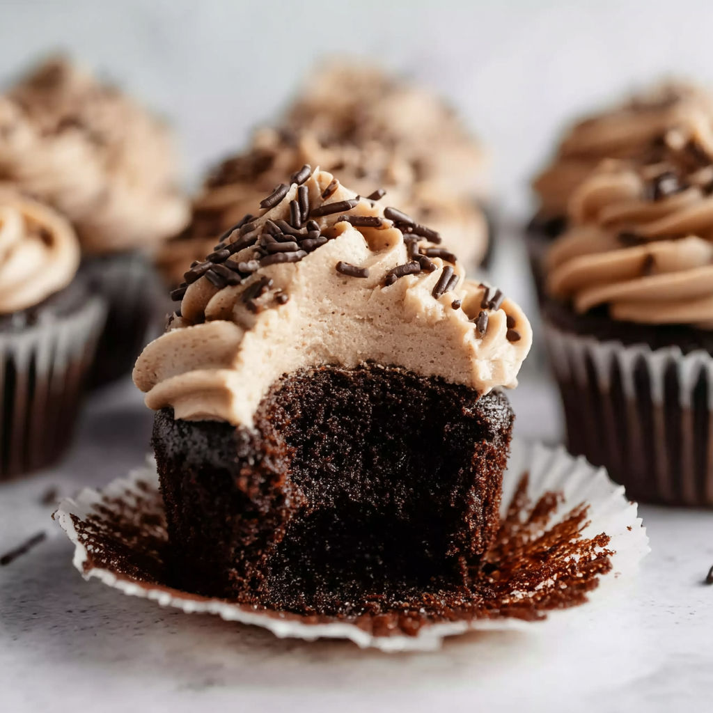 A cupcake with chocolate frosting and chocolate sprinkles.