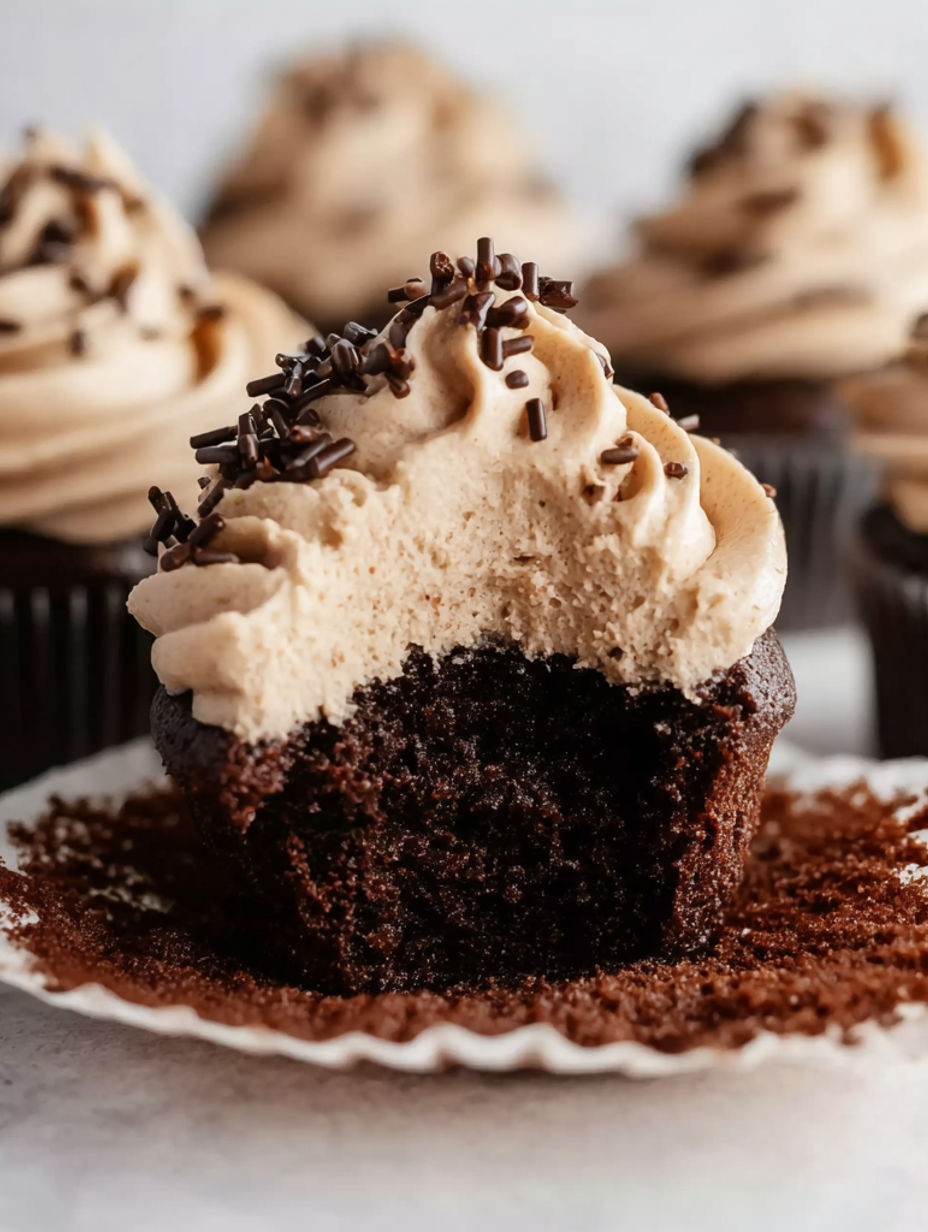 A cupcake with chocolate and white frosting.