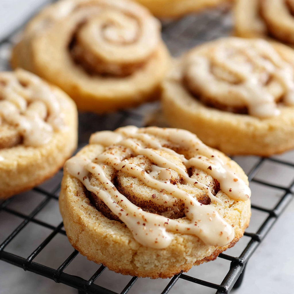 Cinnamon bun cookies on a cooling rack.