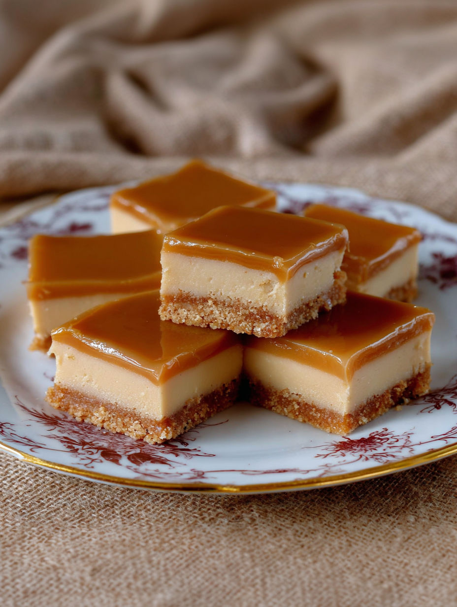 A plate of Dulce De Leche Cheesecake Bars.