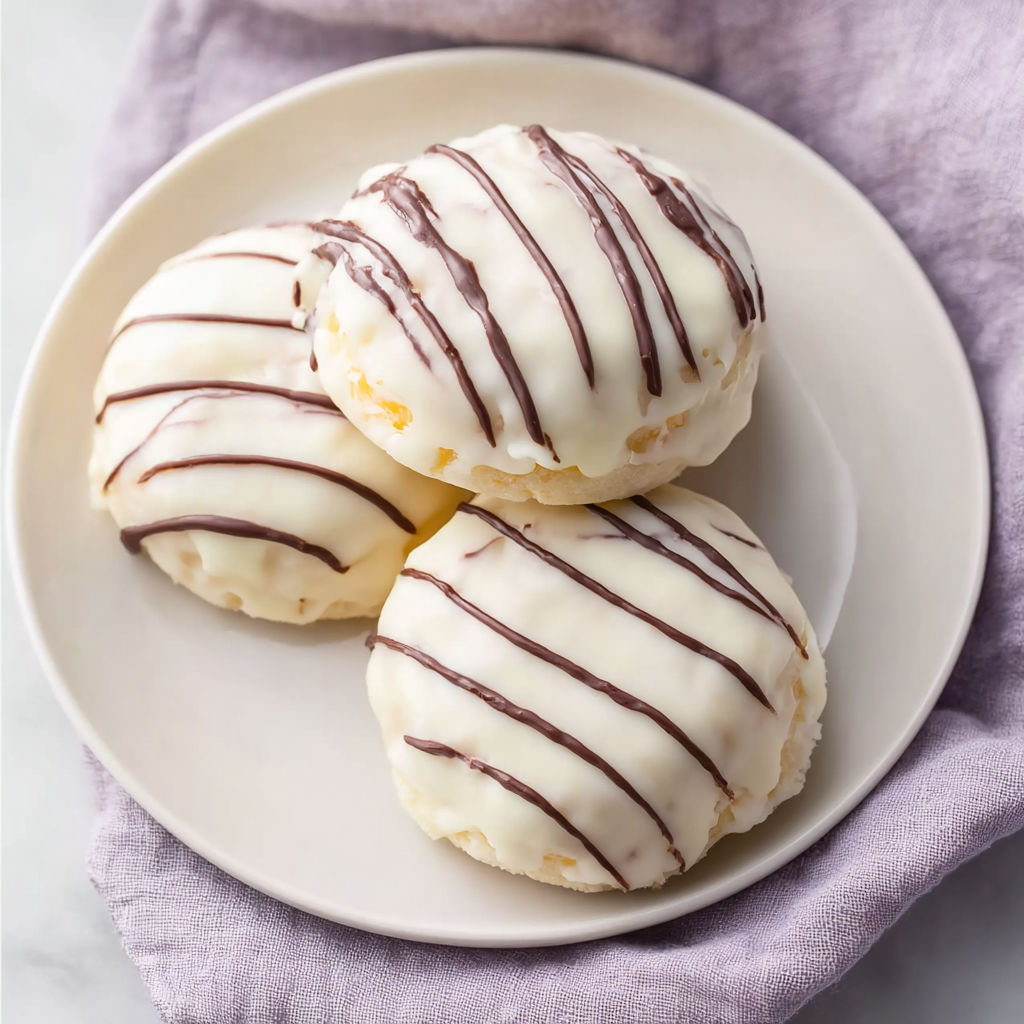 Three white and brown donuts on a plate.