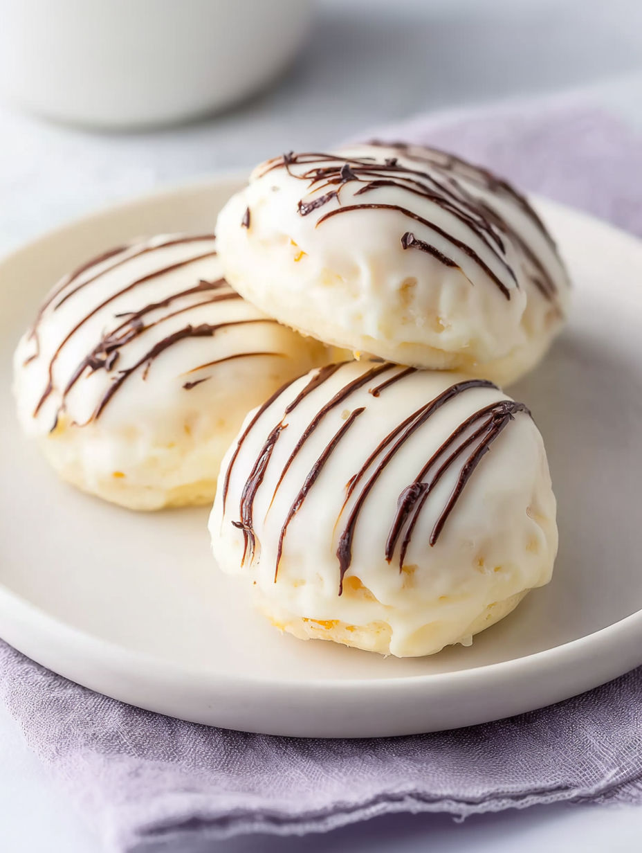 Three white frosted donuts with chocolate stripes.