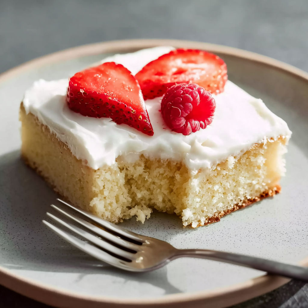 A slice of white Texas sheet cake with strawberries and raspberries on top.