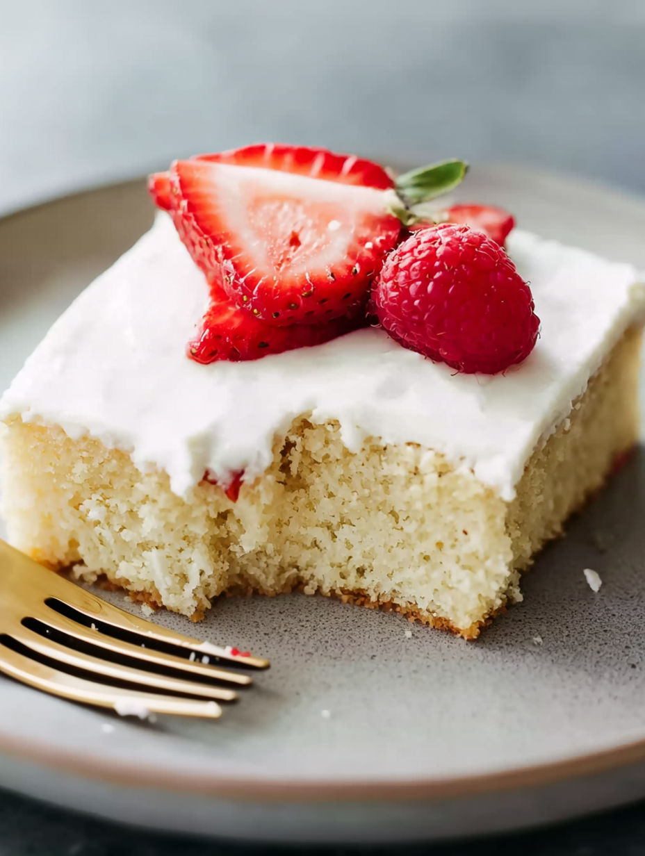 A slice of white Texas sheet cake with strawberries on top.