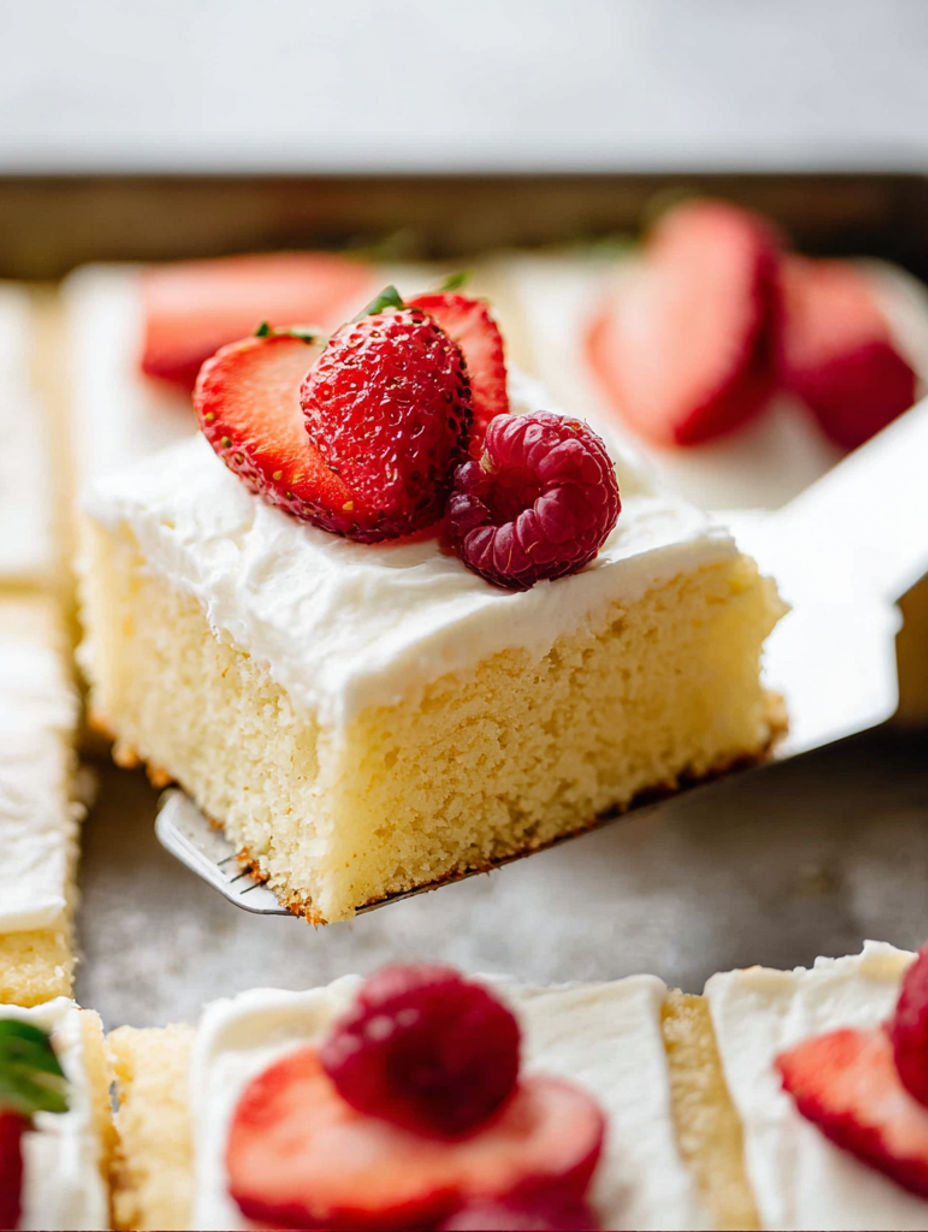 A slice of white Texas sheet cake with strawberries on top.