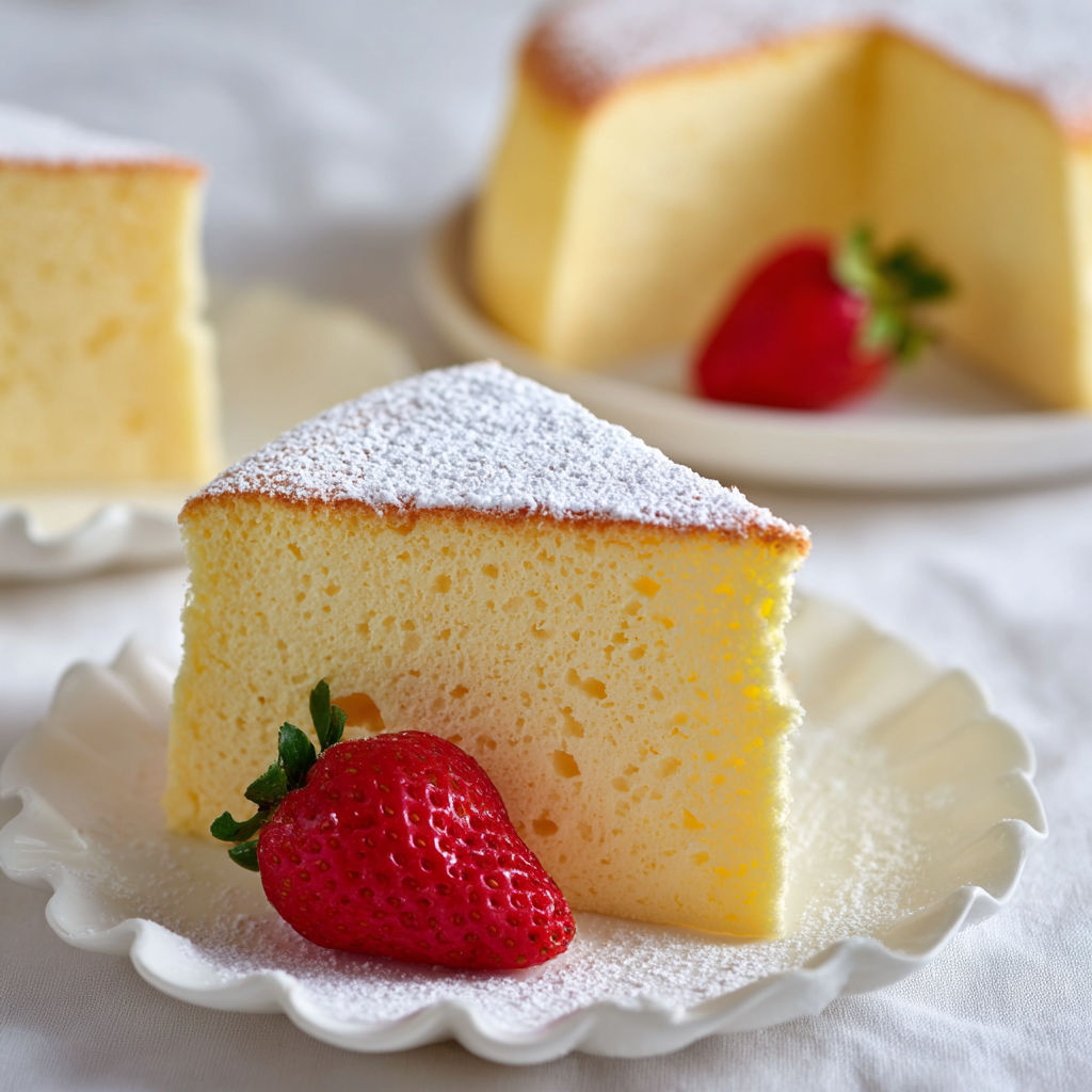 A slice of Japanese cotton cheesecake with a strawberry on top.