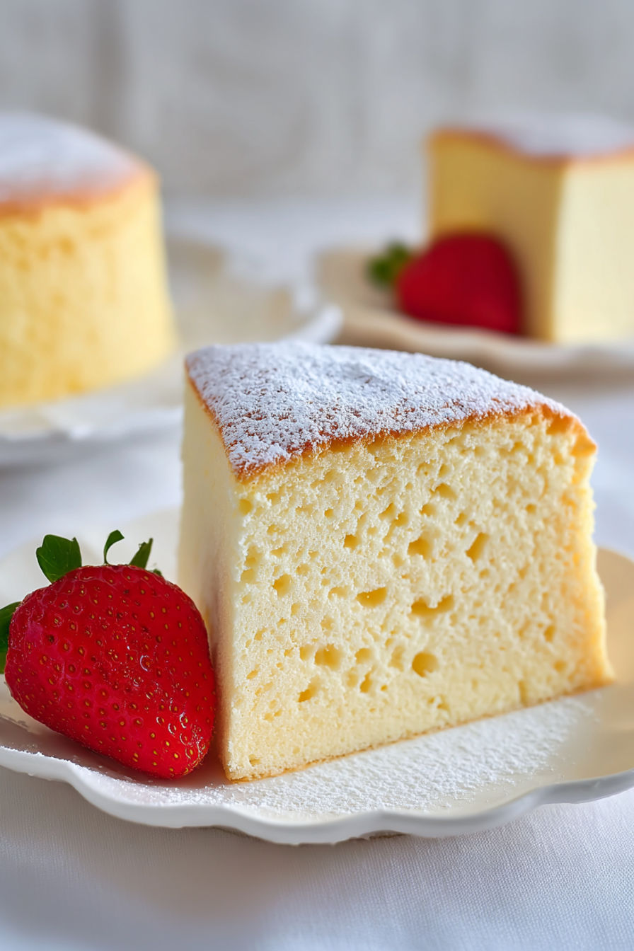 A slice of cake with powdered sugar on top.