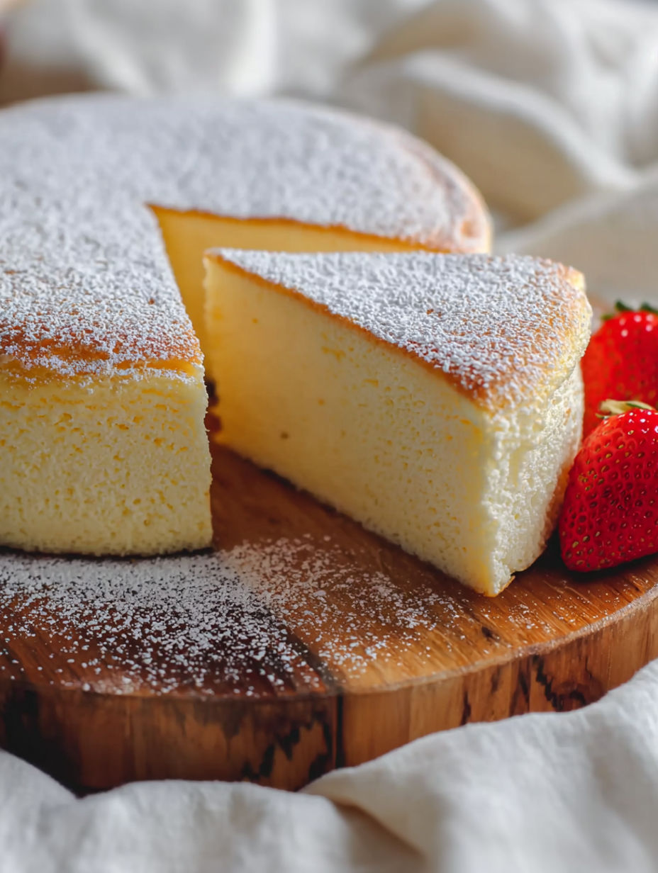 A slice of cake with powdered sugar on a wooden board.