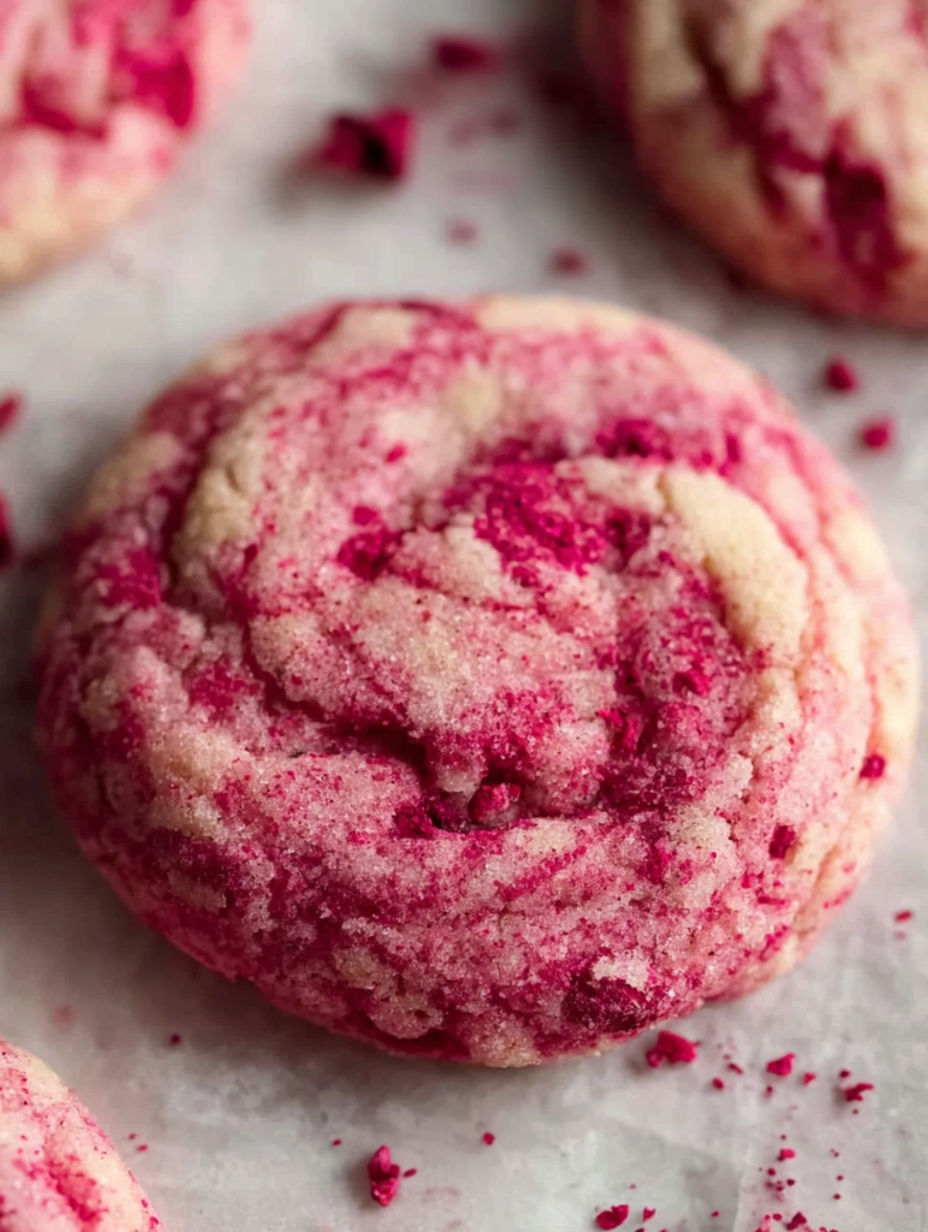 A cookie with a pink frosting and red raspberry on top.