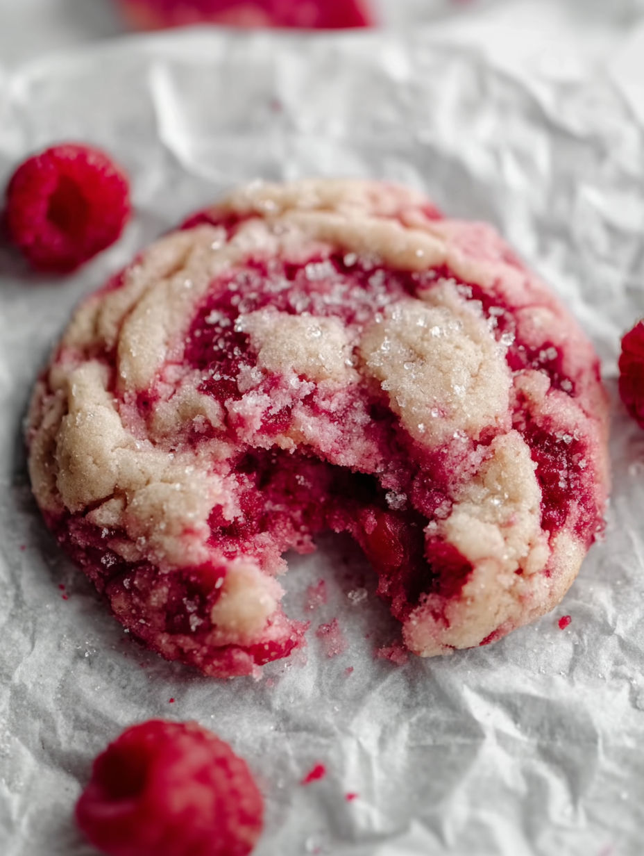A half eaten cookie with raspberry filling.