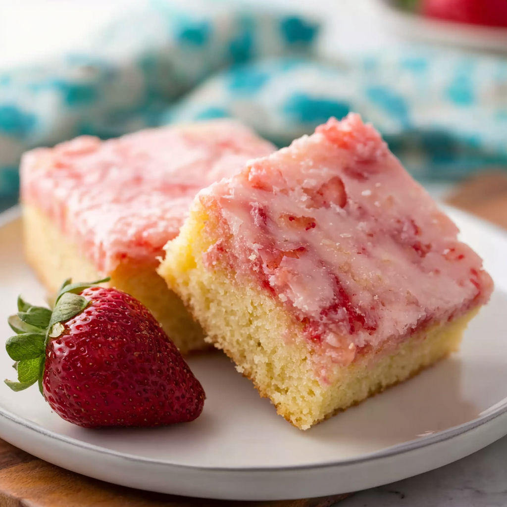A slice of cake with strawberries and whipped cream.
