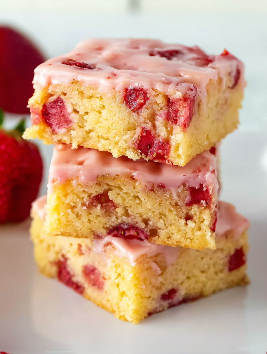 A stack of cake with strawberries on top.