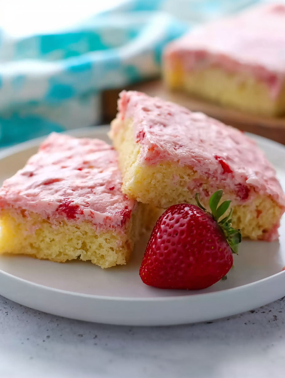 A slice of cake with strawberries on top.