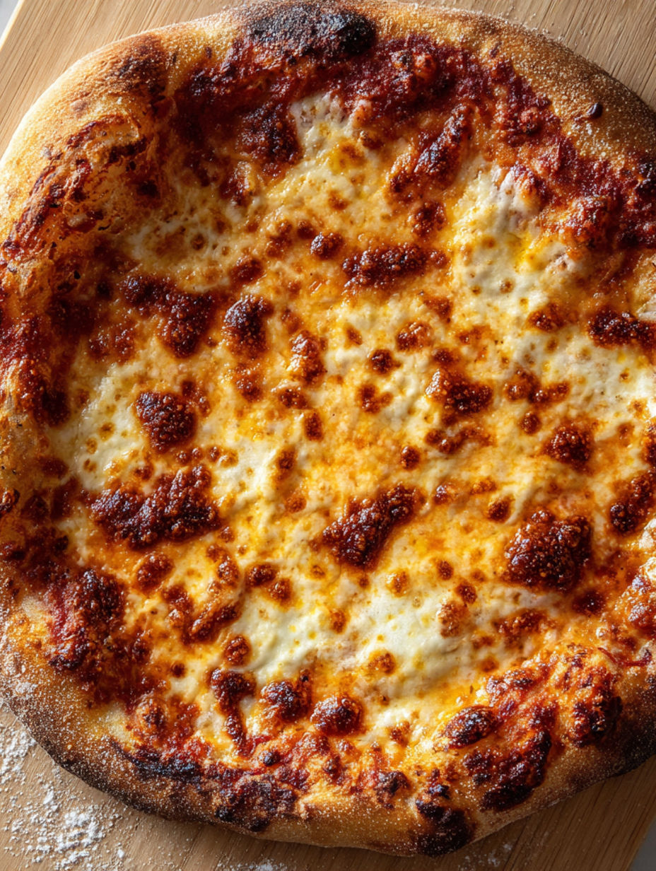 A pizza with cheese and sauce.