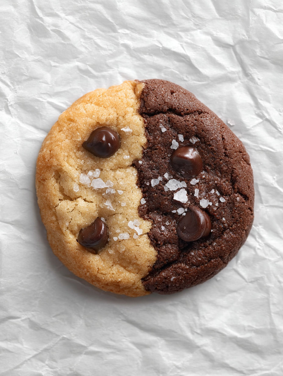 A cookie with chocolate and white chocolate.