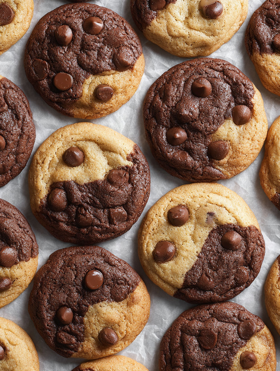 A close up of a chocolate and white cookie.