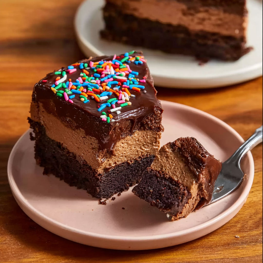 A slice of cosmic brownie cheesecake on a plate.