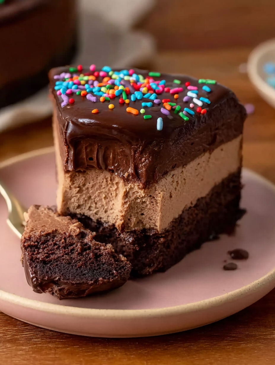 A slice of chocolate cake with sprinkles on top.