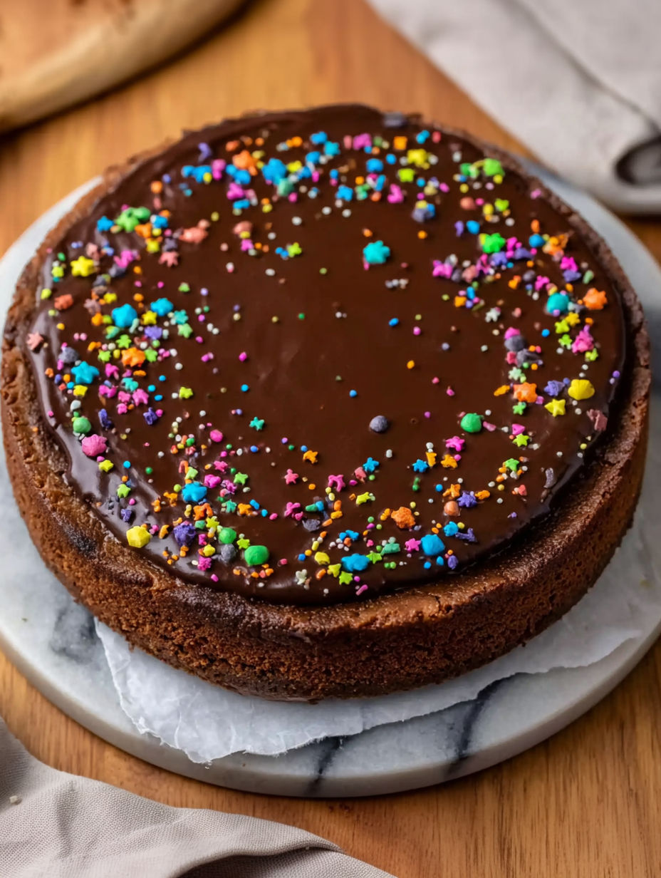 A chocolate cake with sprinkles on top.
