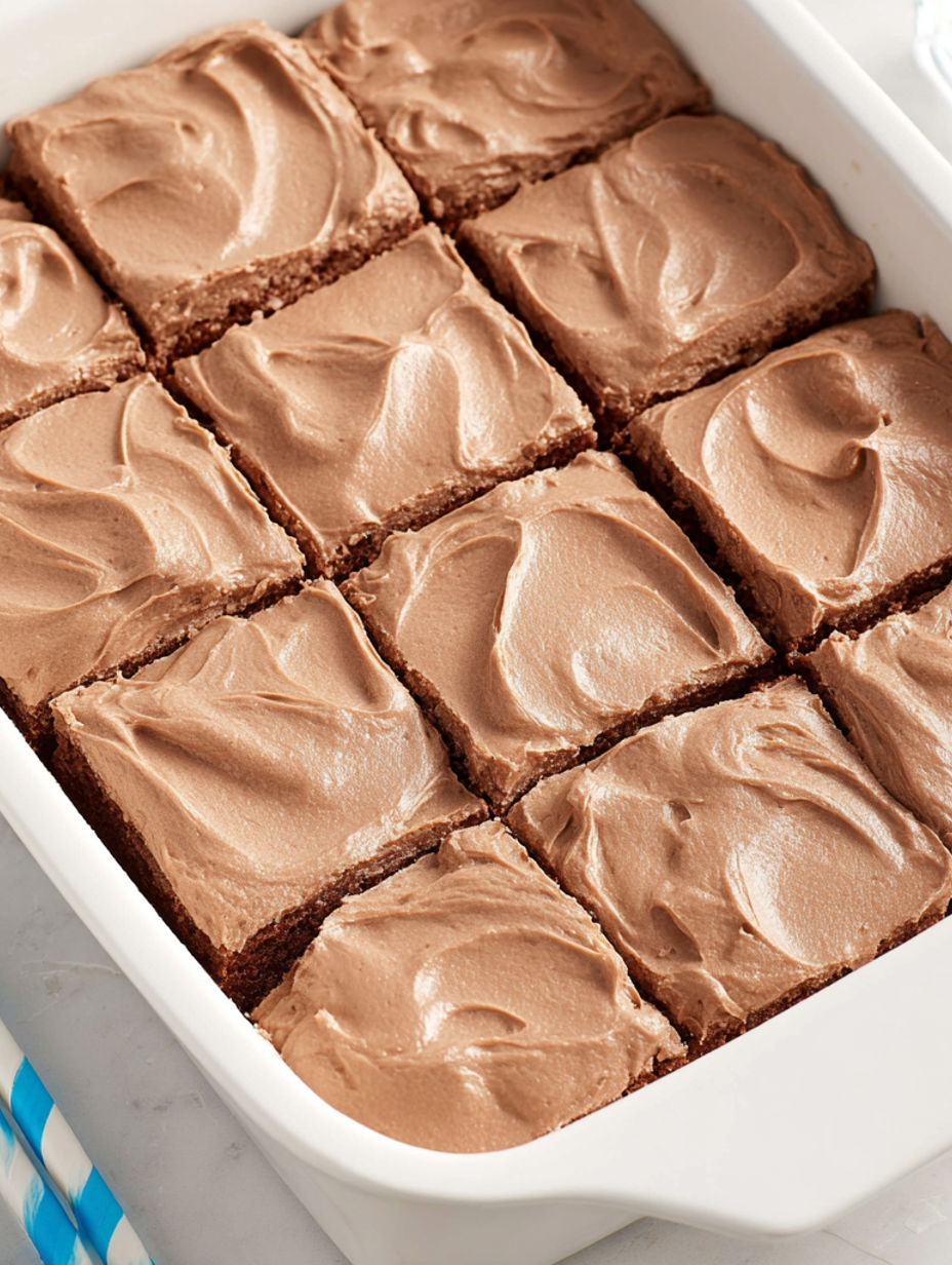 A white plate with a square of chocolate cake.