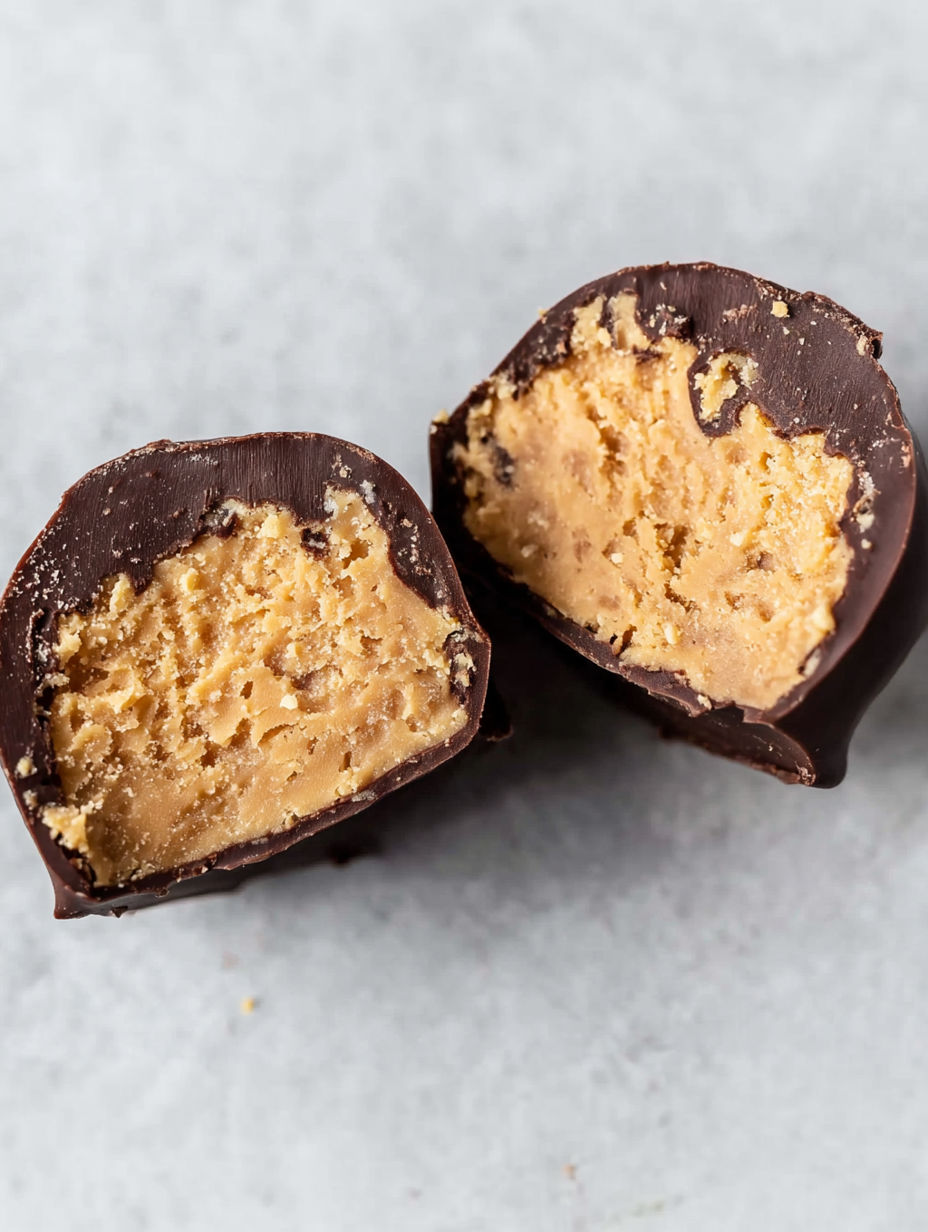 Two chocolate candies with peanut butter filling.