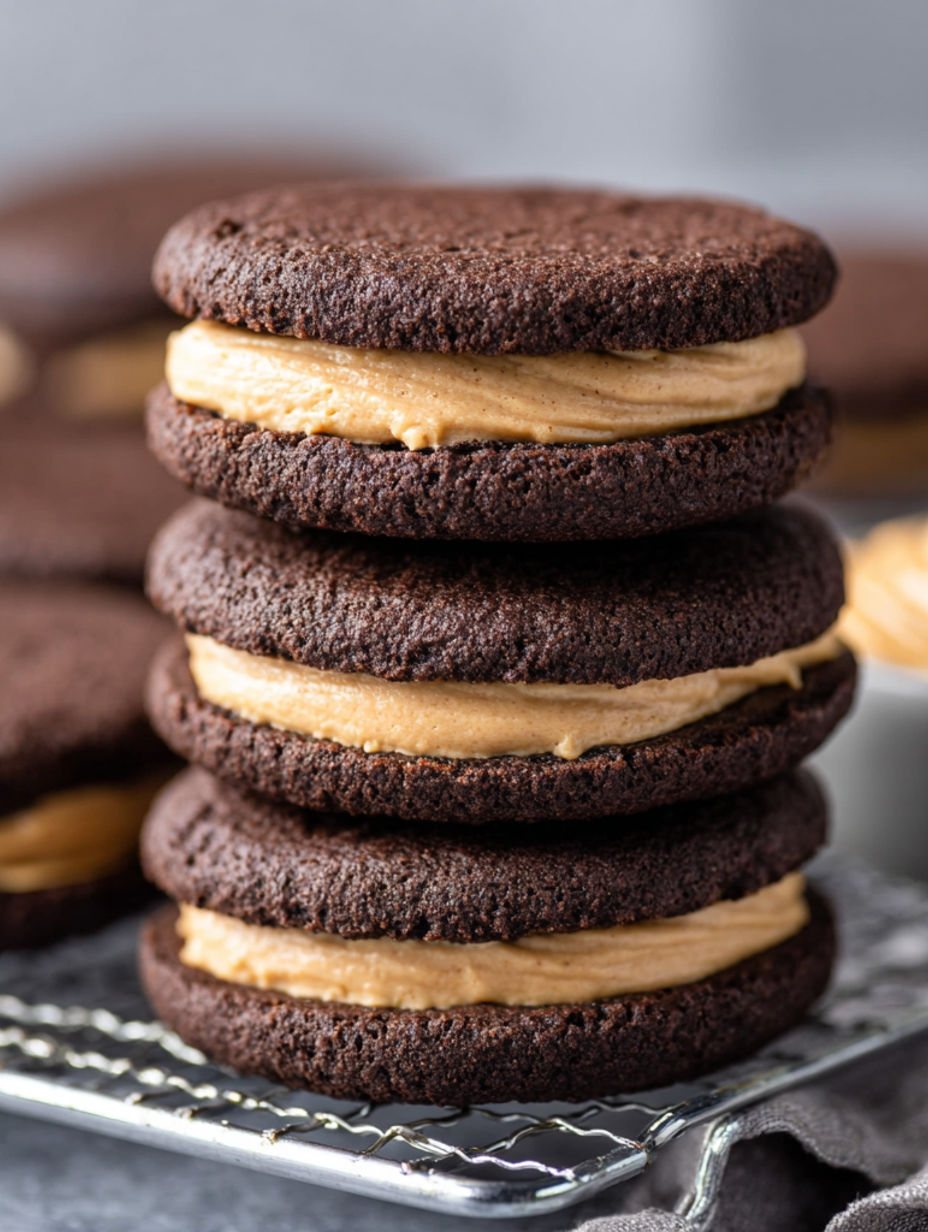 A stack of cookies with peanut butter and jelly in between.