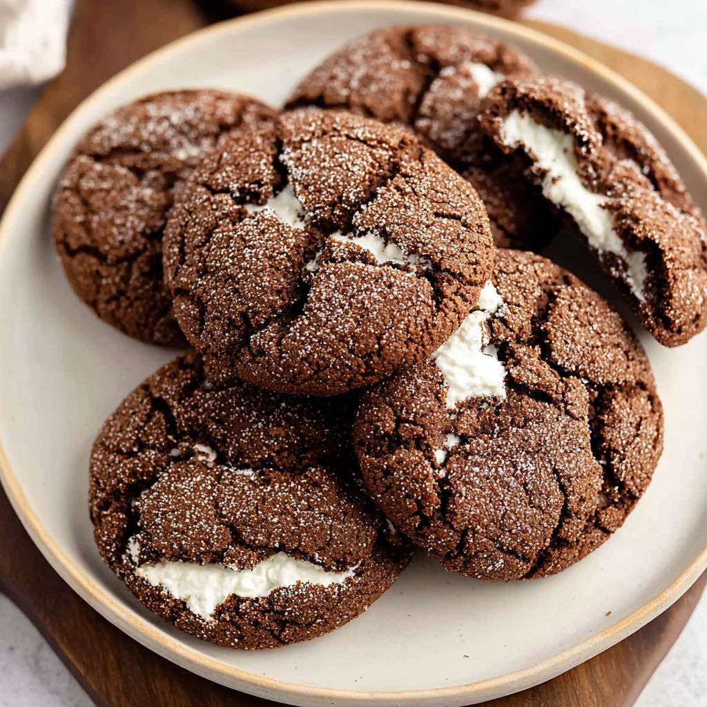 A plate of chocolate cookies with white frosting.