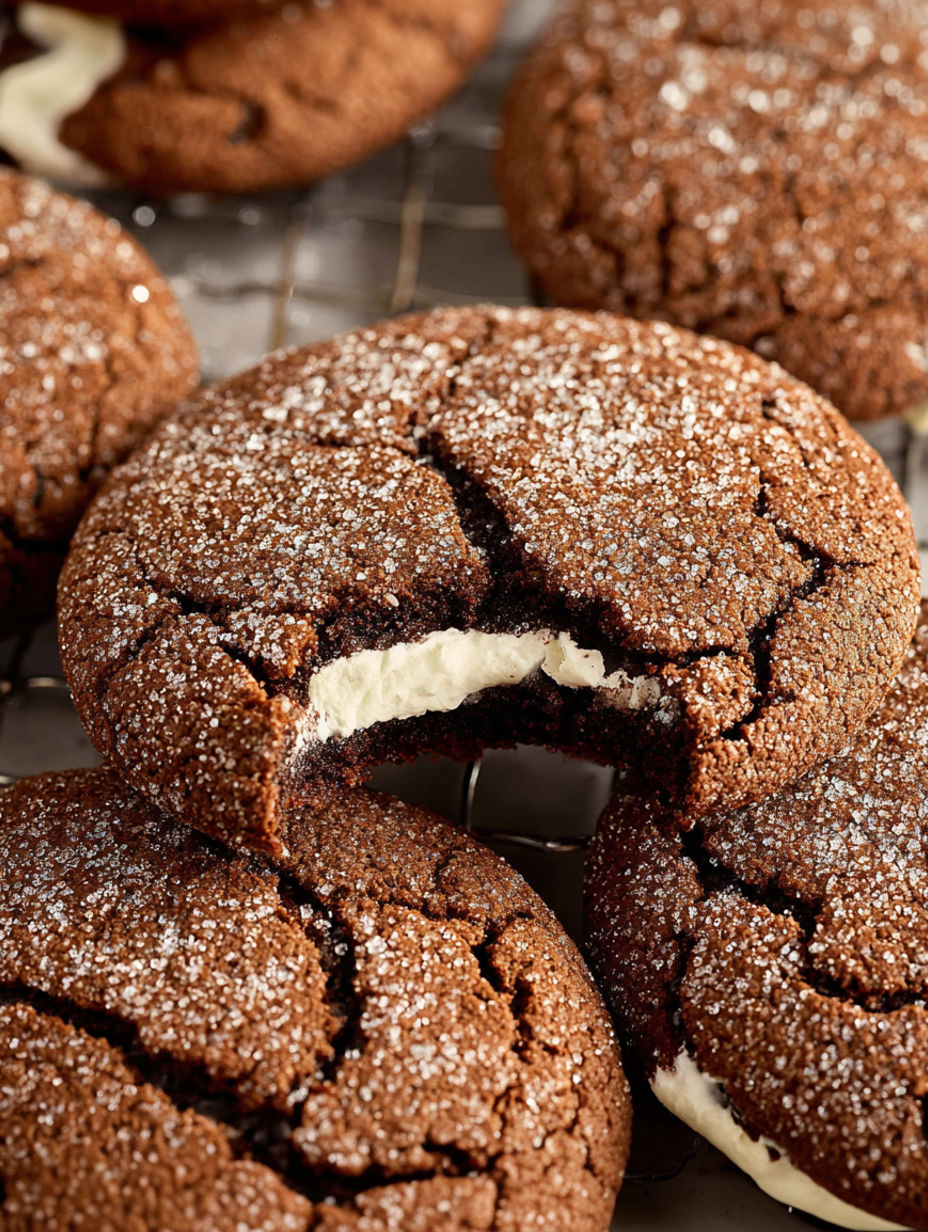 A close up of a chocolate cookie with white icing.