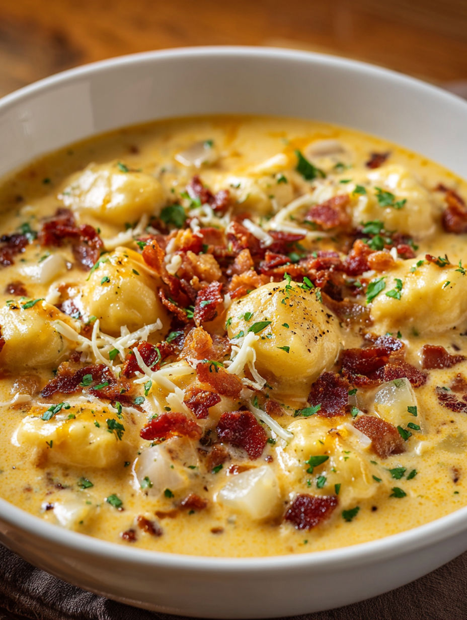 A bowl of soup with bacon and cheddar gnocchi.