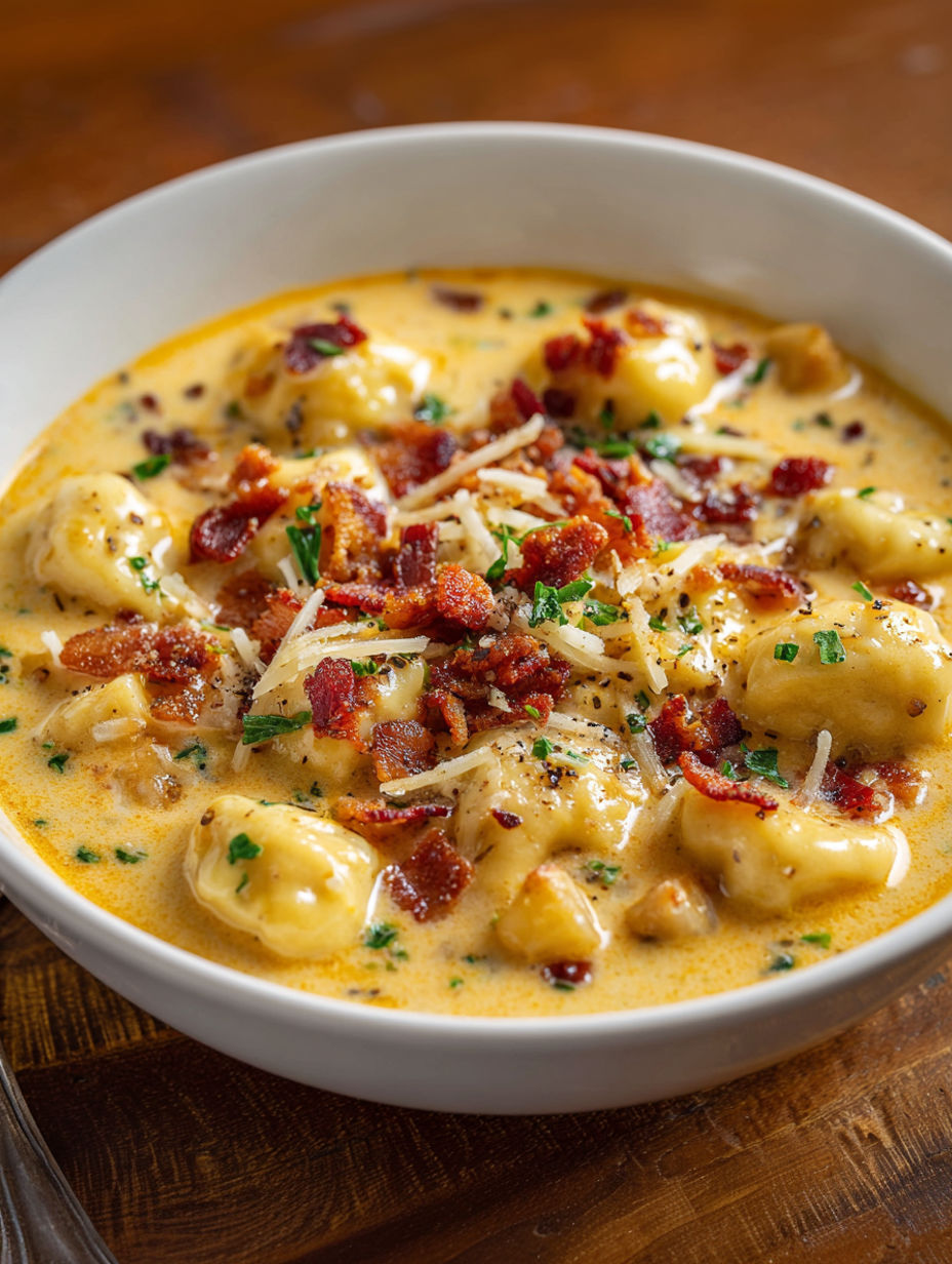 A bowl of soup with bacon and cheddar gnocchi.