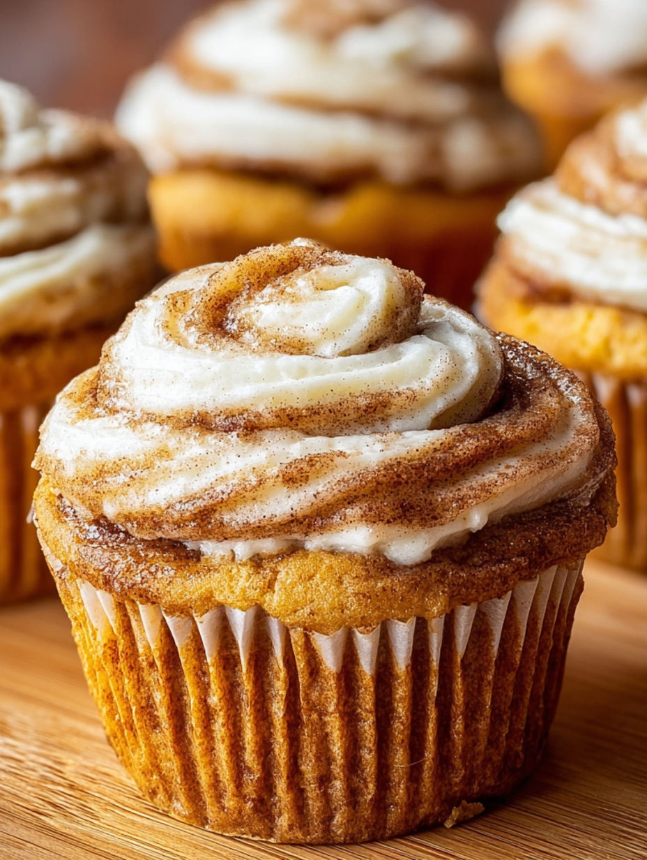 A cupcake with a swirl of cream cheese and pumpkin.
