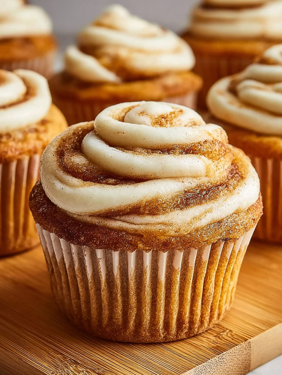A cupcake with a swirl of cream cheese and pumpkin.