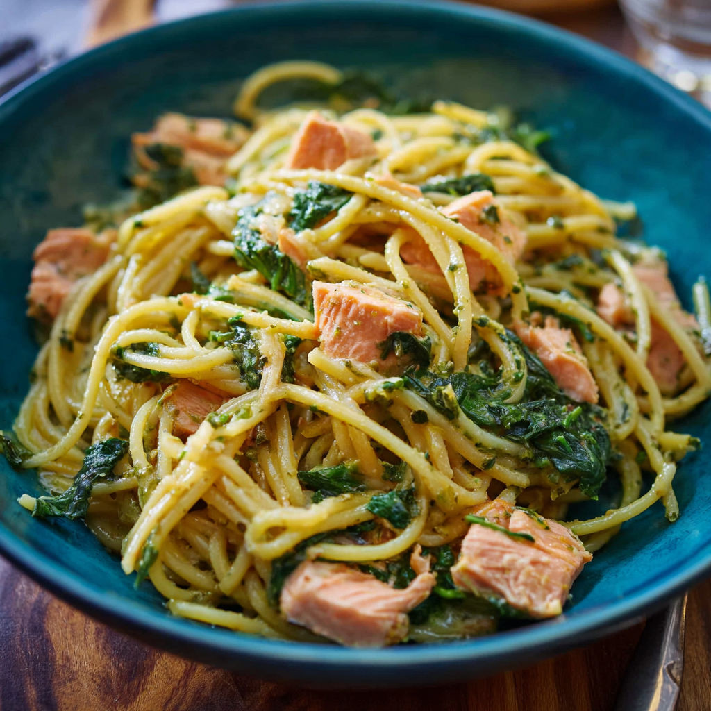 A bowl of pasta with meat and spinach.