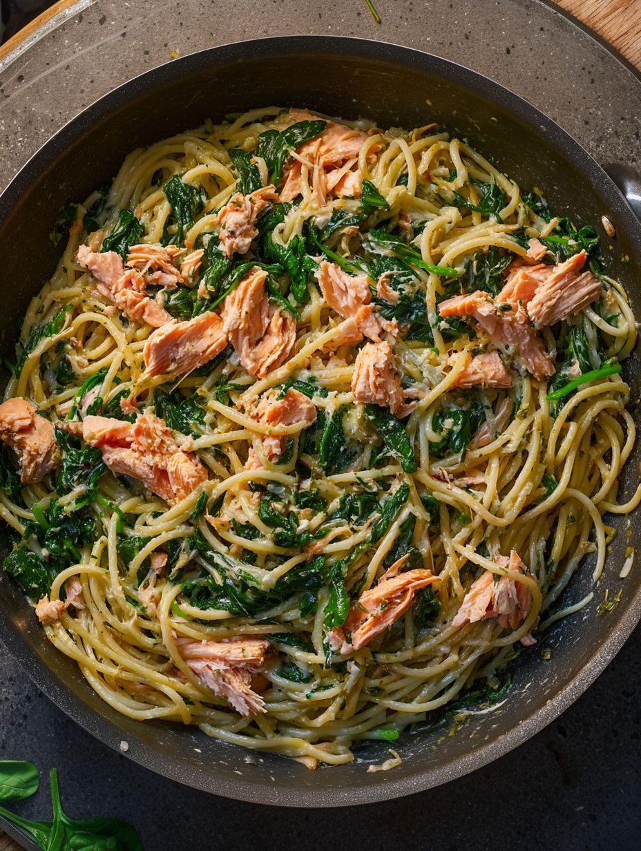 A pan of pasta with salmon and spinach.