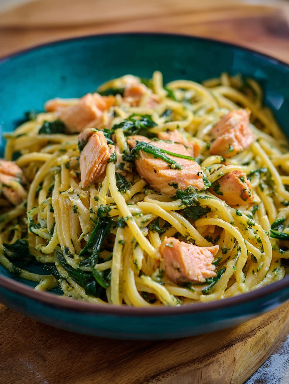 A bowl of pasta with meat and spinach.