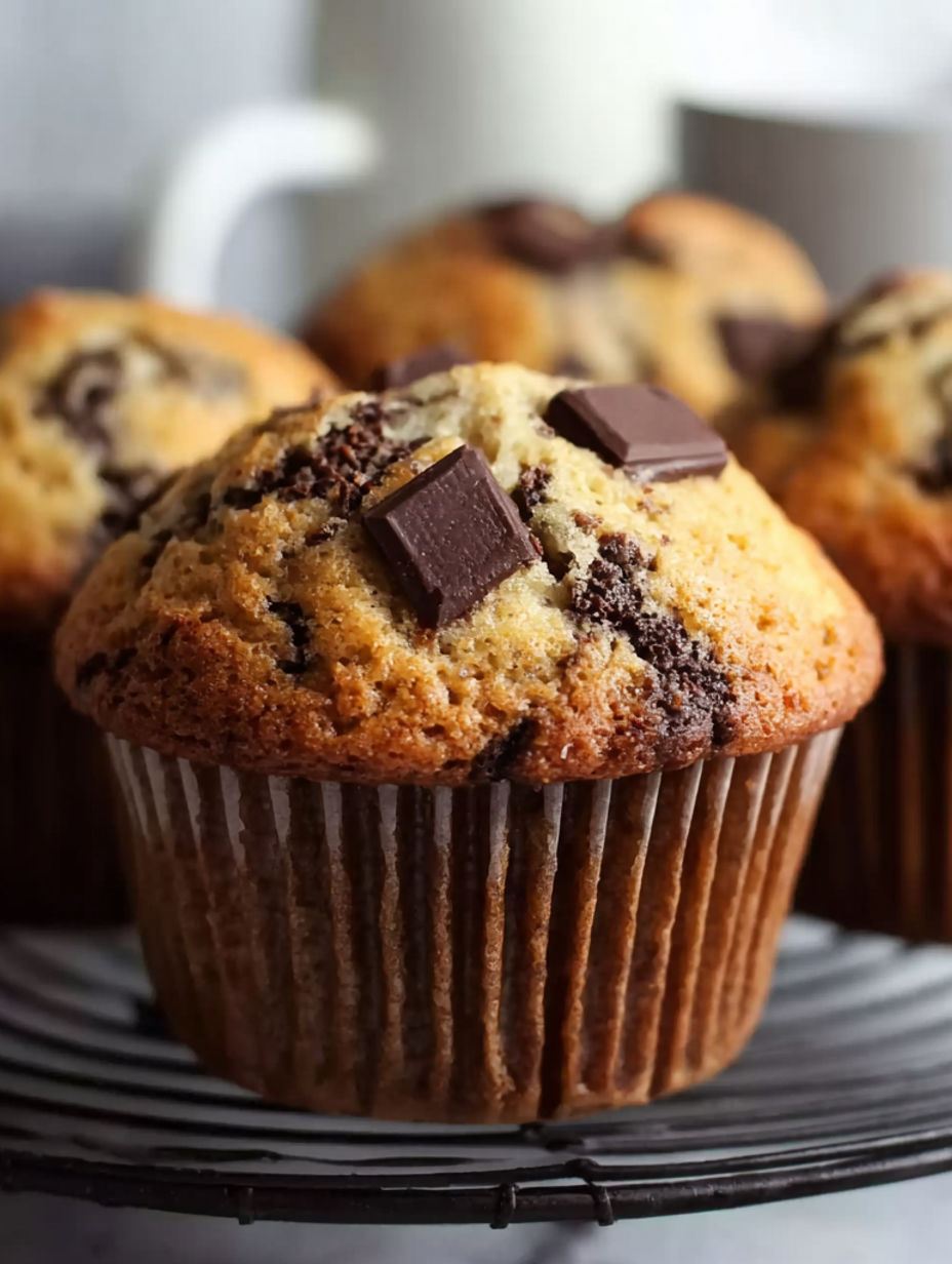 A cupcake with chocolate chips on top.