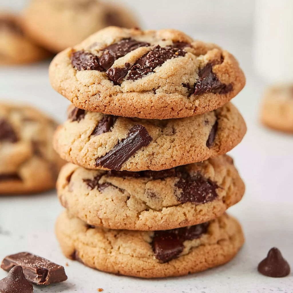 A stack of peanut butter pudding cookies with chocolate chips.