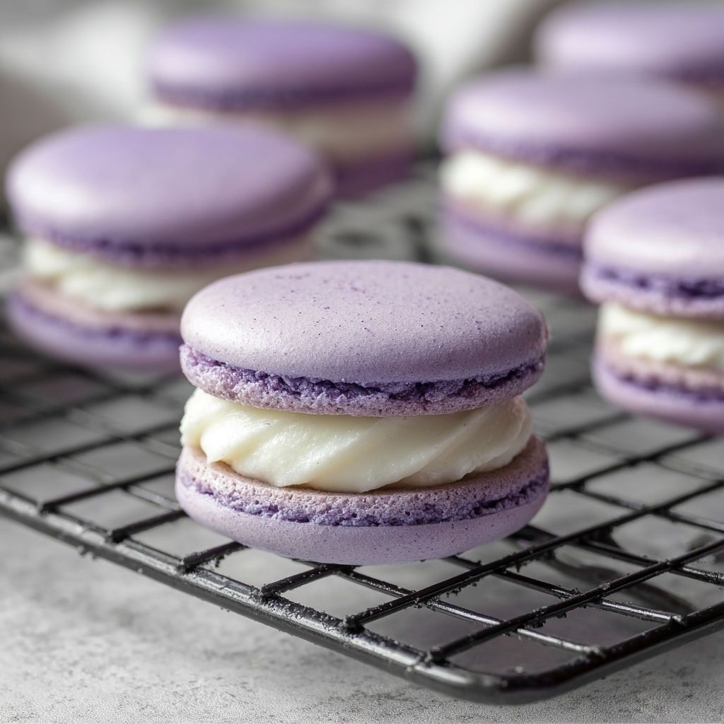 A tray of purple macarons.